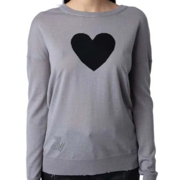 Zadig and Voltaire Gaby heart intarsia knit 100% merino wool thin knit sweater - Picture 1 of 11